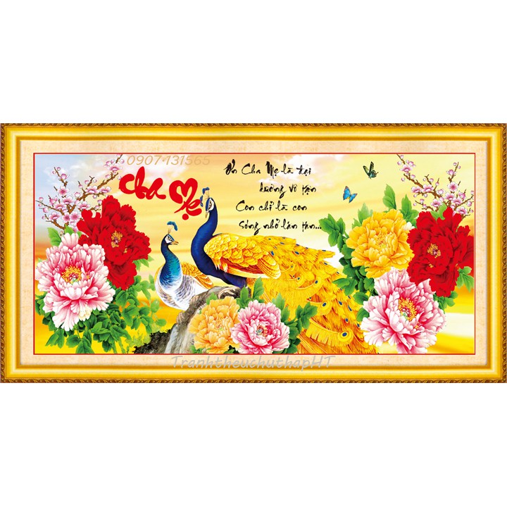 Tranh đá Cha mẹ 2 con công mẫu đơn - 100*50cm (tự làm)