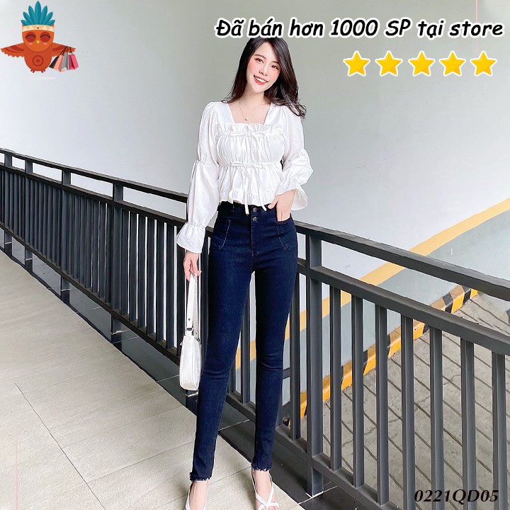 Quần jean nữ skinny dài 2 nút túi bầu kiểu tua THOCA HOUSE màu đen, xanh tôn dáng cao chân dài, dễ phối đồ