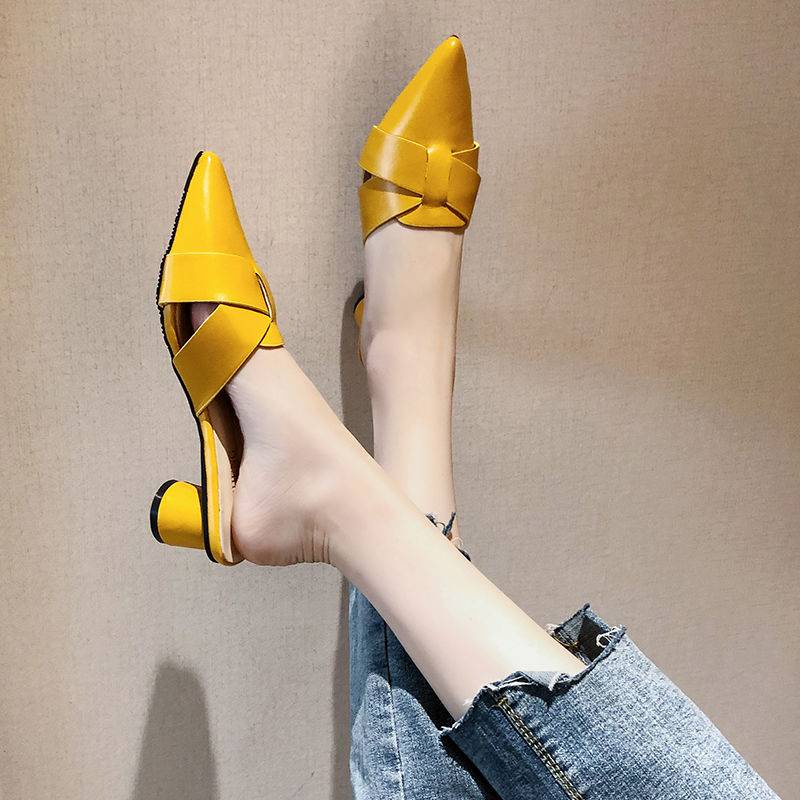 Giày Muller Da Mềm Gót Dày Mũi Nhọn Thời Trang Hè Thu Sành Điệu