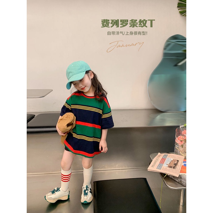 Áo Thun Cotton Dáng Dài Họa Tiết Kẻ Sọc Màu Sắc Tương Phản Phong Cách Hàn Quốc Thời Trang Mùa Hè Cho Nữ