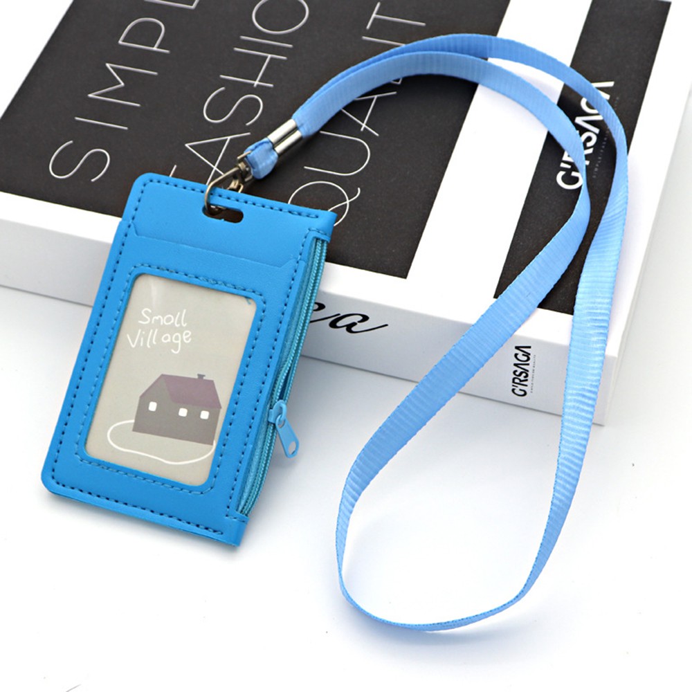 Bao đựng thẻ ID bằng da PU dạng ví khóa kéo có dây đeo cổ tiện dụng cho nam nữ