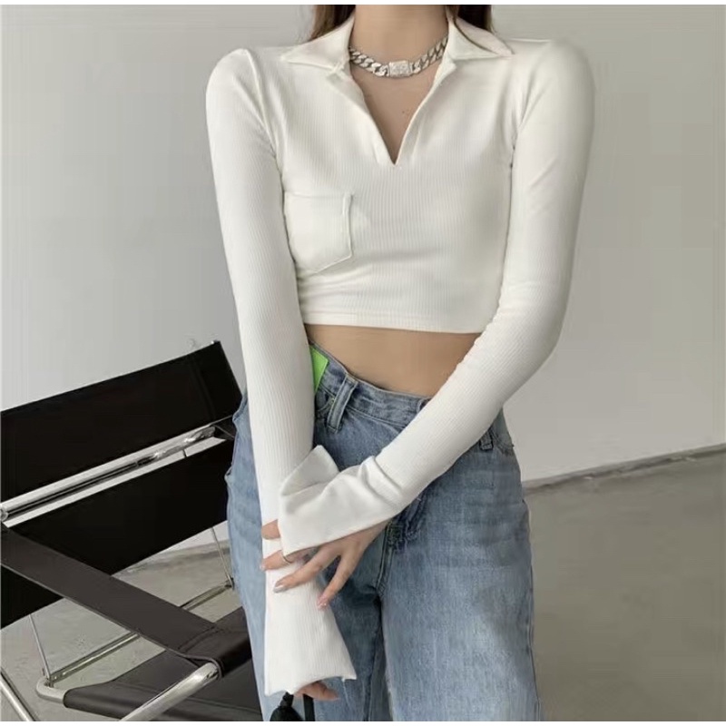 Áo croptop dài tay có cổ xẻ tay áo chất dệt kim màu trắng cho nữ