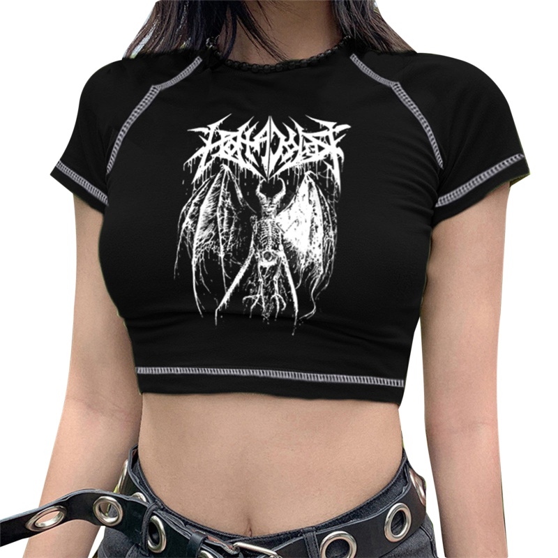 Áo Thun Croptop Tay Ngắn Màu Đen In Hình Bộ Xương Phong Cách Gothic Harajuku Cá Tính Dành Cho Nữ