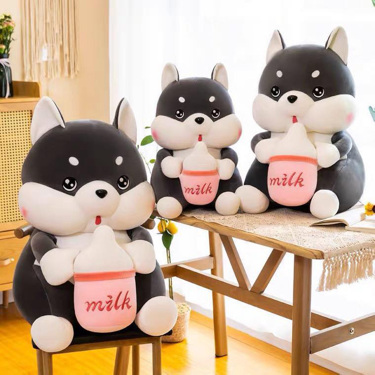 Gấu bông chó Husky ôm bình sữa, Thú nhồi bông chó ôm bình sữa cute size 80cm/60cm/40cm cao cấp