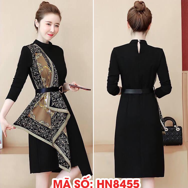 ⚡️ có đủ size ⚡️#HN8455 ĐẦM THUN PHỐI LỤA CỔ CAO KÈM BELT SANG TRỌNG - HÀNG NHẬP