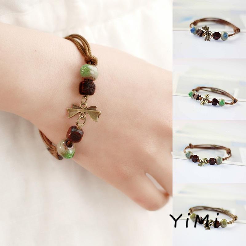 Vòng Tay Dây Bện Phối Hạt Gốm Phong Cách Dân Tộc