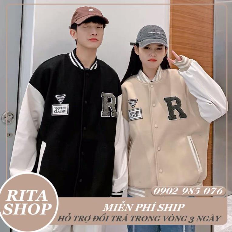 Áo Khoác Bomber Varsity Jacket Bóng Chày Thêu Chữ 𝐑 Chất Da Lộn Lót Dù  Form Rộng Basic Nam Nữ Unisex Couple Ulzzang