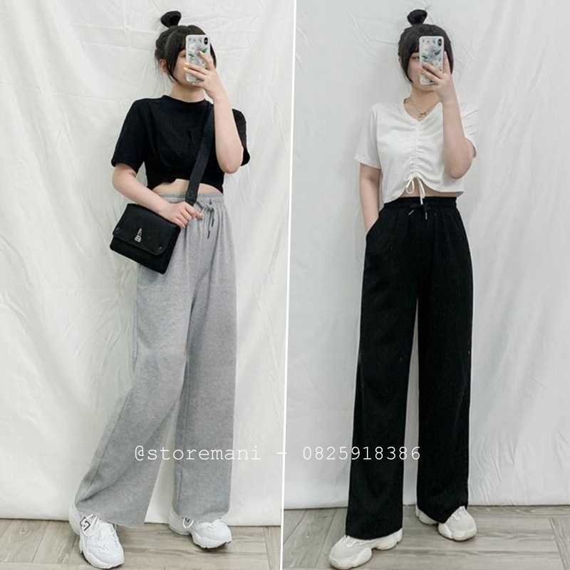 Quần ống rộng thể thao nam nữ chất nỉ da cá có dây rút quần Culottes nữ suông dài kiểu dáng basic màu đen xám mặc ở nhà