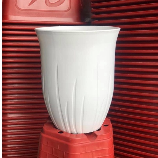 (23x28cm) Chậu nhựa tròn cứng cao cấp tráng men sứ dày xịn_Chậu nhựa tròn dáng đứng lòng sâu họa tiết lá cỏ