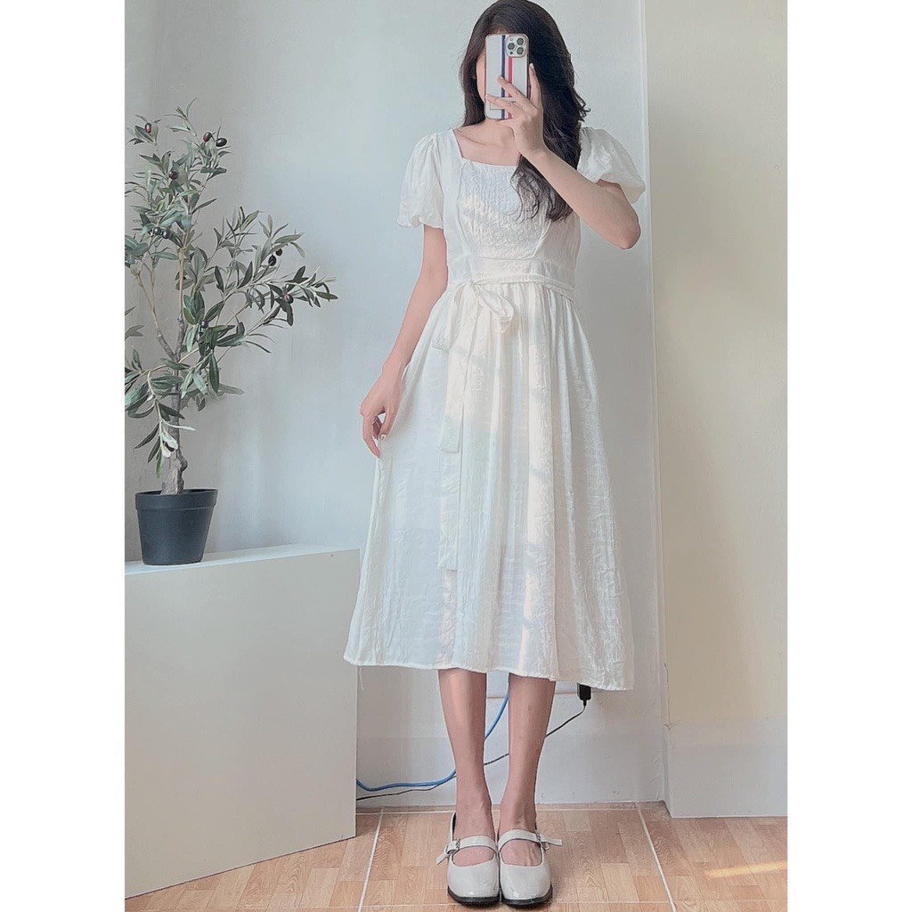 Đầm babydoll cổ vuông dáng dài, Váy đũi xước tay bồng nơ lưng 4 màu siêu hot MSP78246 | BigBuy360 - bigbuy360.vn