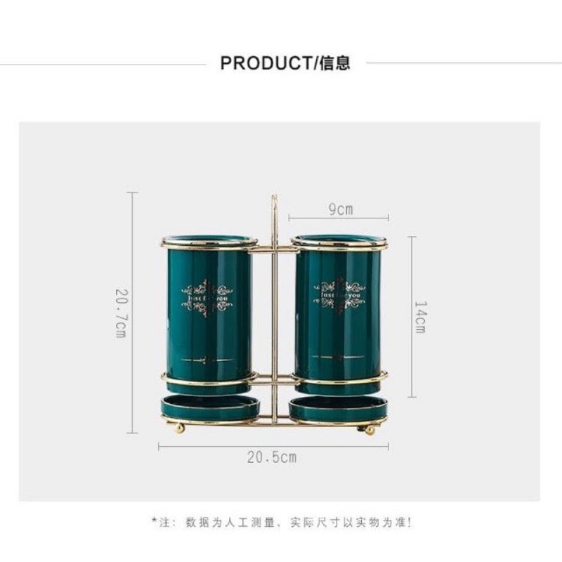 Ống đựng đũa đôi sứ xanh khung inox mạ vàng cao cấp (Hàng đẹp)