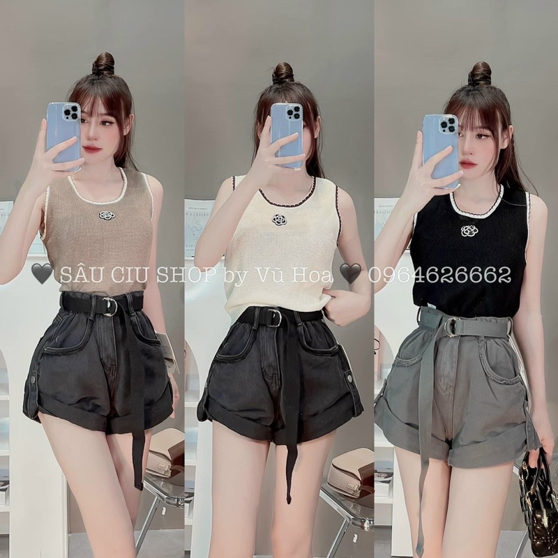 Áo len lưới sát nách dáng len tanktop đính hoa đá cổ phối viền xinh
