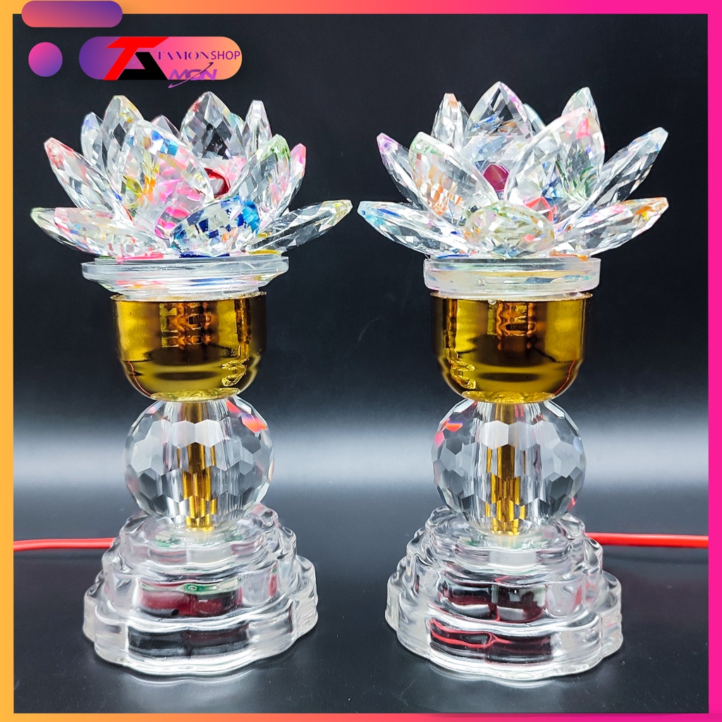 Cặp đèn thờ pha lê hoa sen sáng từ chân đến ngọn đèn, Đèn trang trí tủ thờ quan âm, Phật Tổ, Tam Ba vị Thánh
