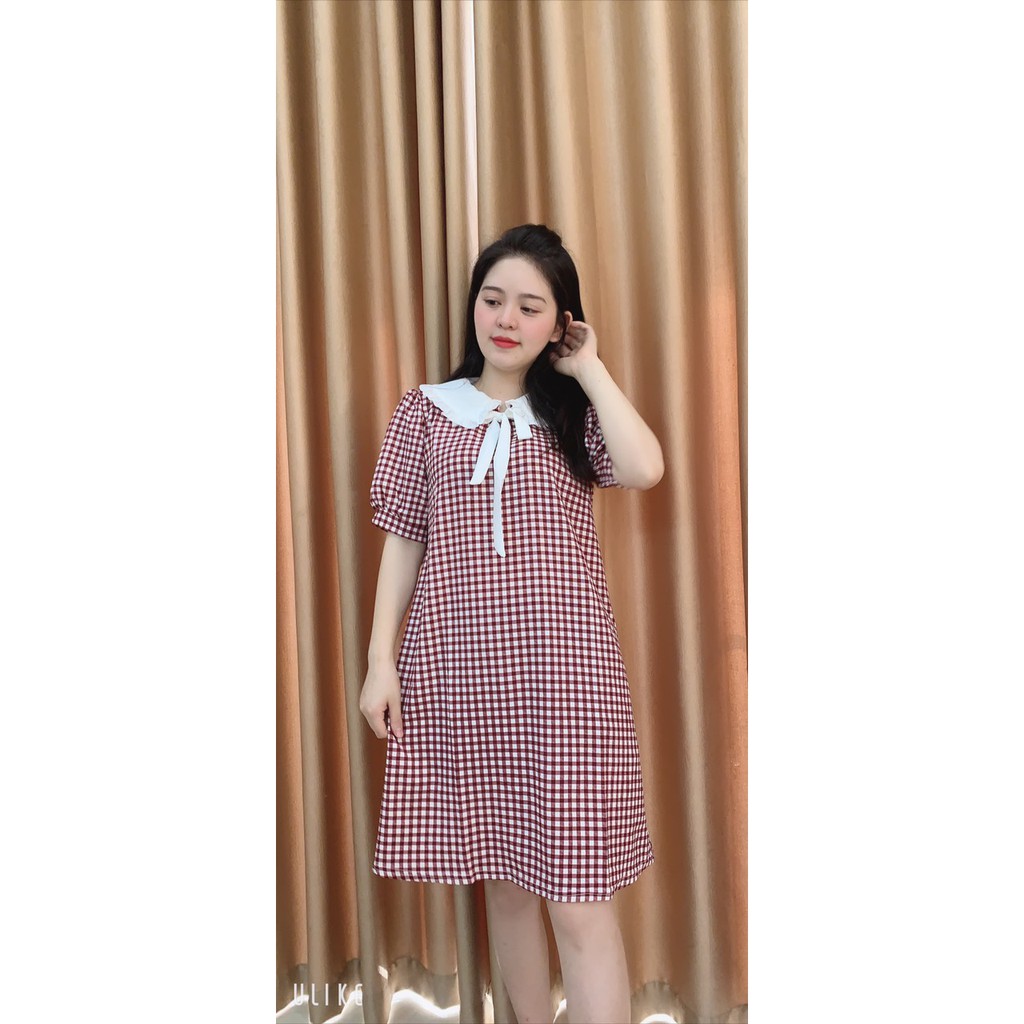 Váy bầu cộc tay kẻ caro cổ bèo trắng - 𝐕𝟏𝟑