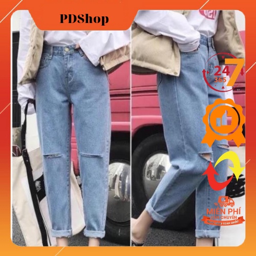 Quần baggy nữ quần bò jeans nữ rách gối cạp cao PDShop