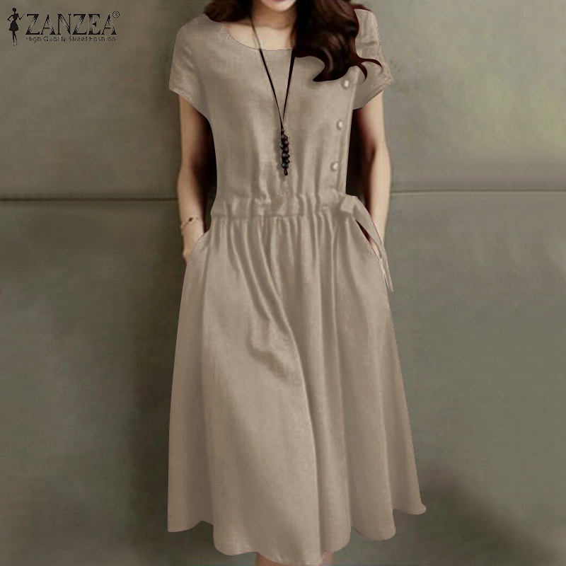 Đầm midi ZANZEA cổ tròn màu trơn phối nút dây rút thời trang cho nữ
