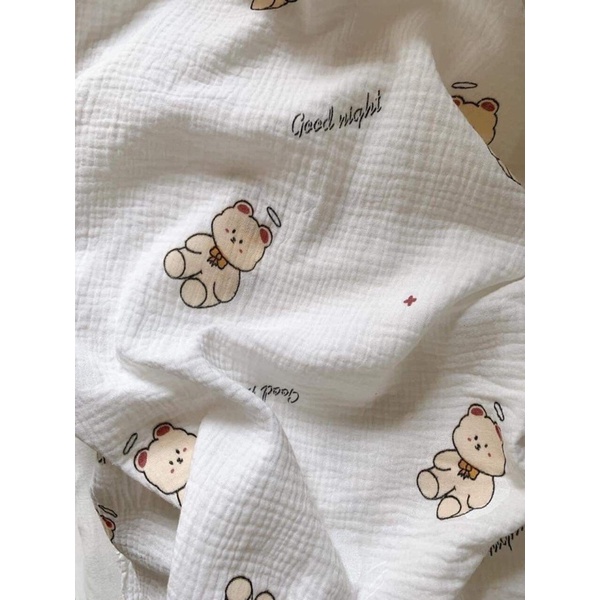 vải xô muslin 2 lớp hình gấu thiên thần siêu mềm siêu thấm hút