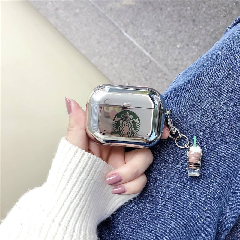 Vỏ bảo vệ hộp sạc tai nghe bằng TPU mạ điện mềm họa tiết Starbucks kèm mặt dây cho AirPods Pro AirPods 1 AirPods 2