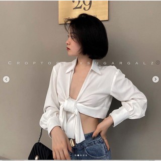 [ẢNH THÂT] Áo croptop sơ mi áo kiểu thắt cột dây nơ ngực dài tay - Sugargalz thiết kế