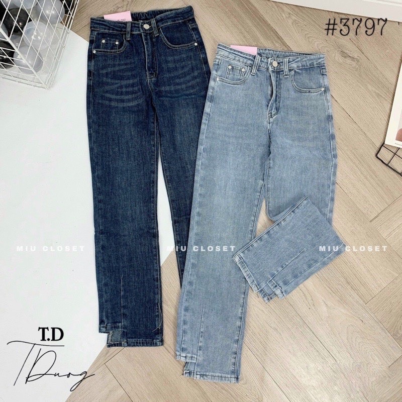 Quần jeans suông gấu lệch cạp cao co dãn