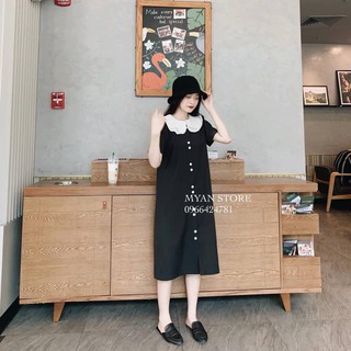 Váy bầu thiết kế - Đầm Bầu xuông cổ bèo 2 cúc- ảnh thật