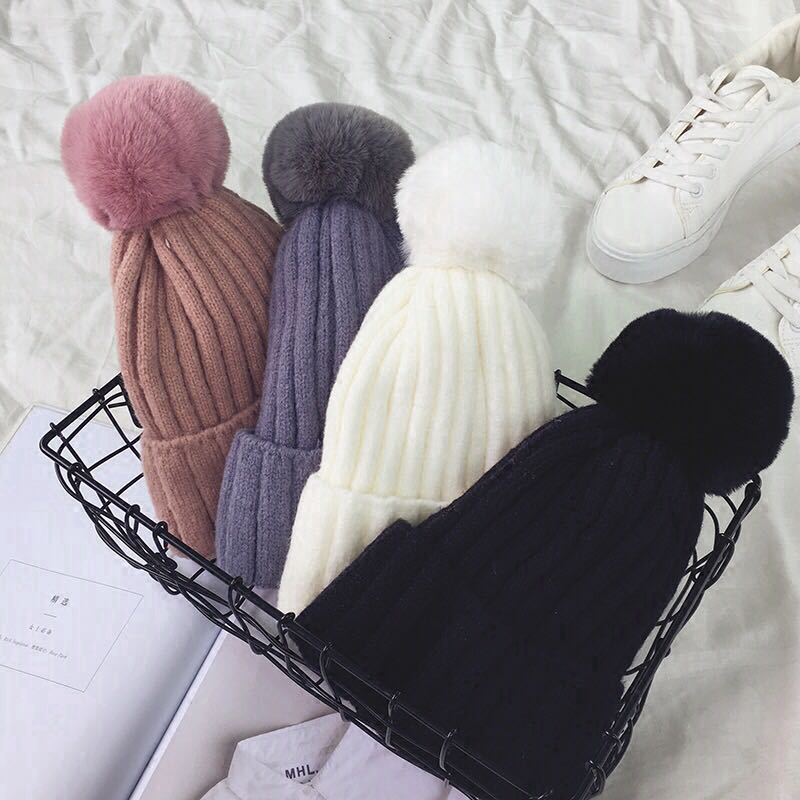 Simple, solid color woolen hat with rabbit ball, candy color, warm Japanese fashion style