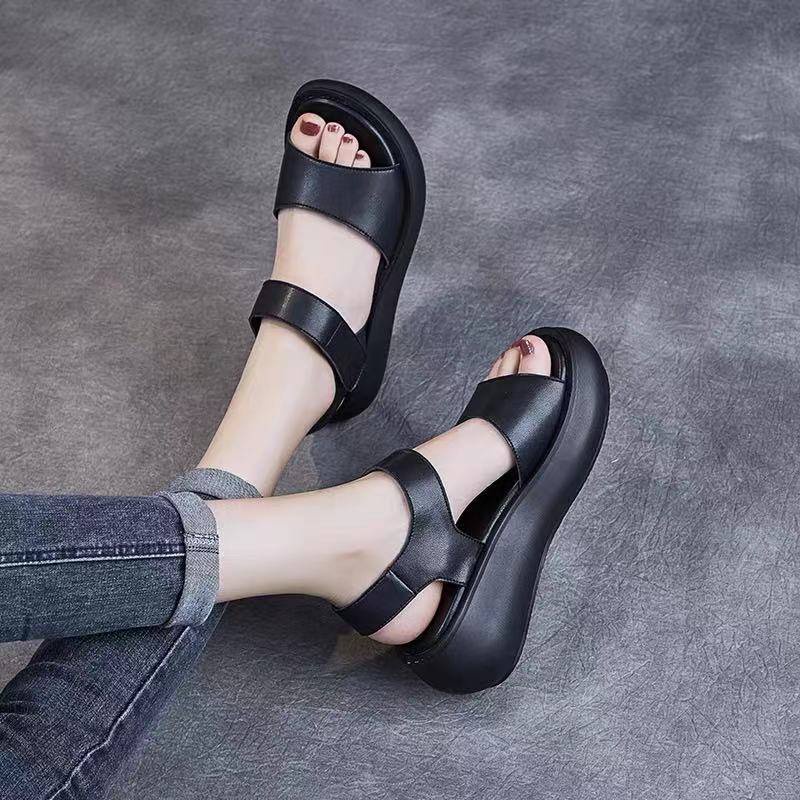 Giày Sandal Bằng Da Mềm Đế Xuồng Dày Thời Trang Mùa Hè Dễ Phối Đồ
