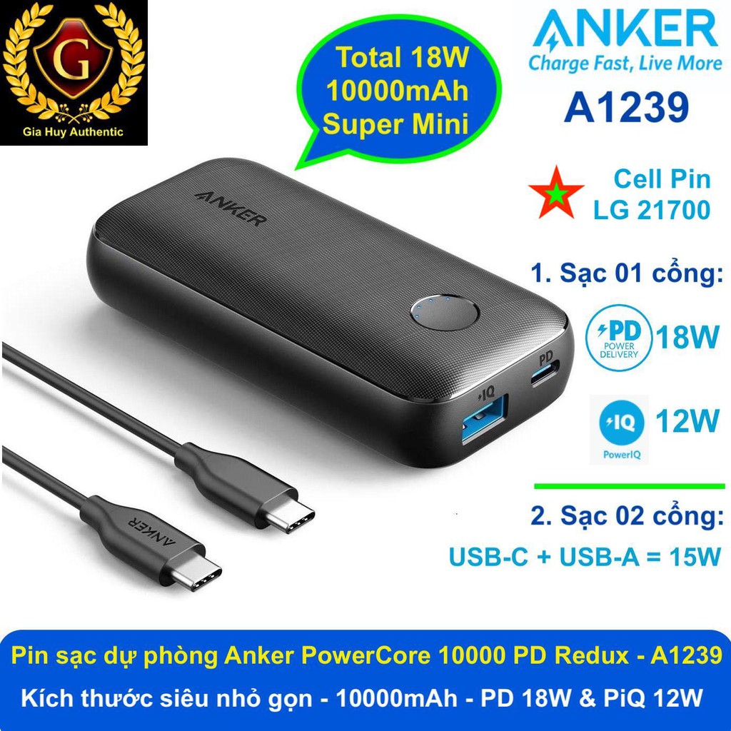 Pin sạc dự phòng siêu nhỏ gọn ANKER PowerCore 10000 PD Redux, 10000mAh PD 18W &amp; PiQ 12W - A1239