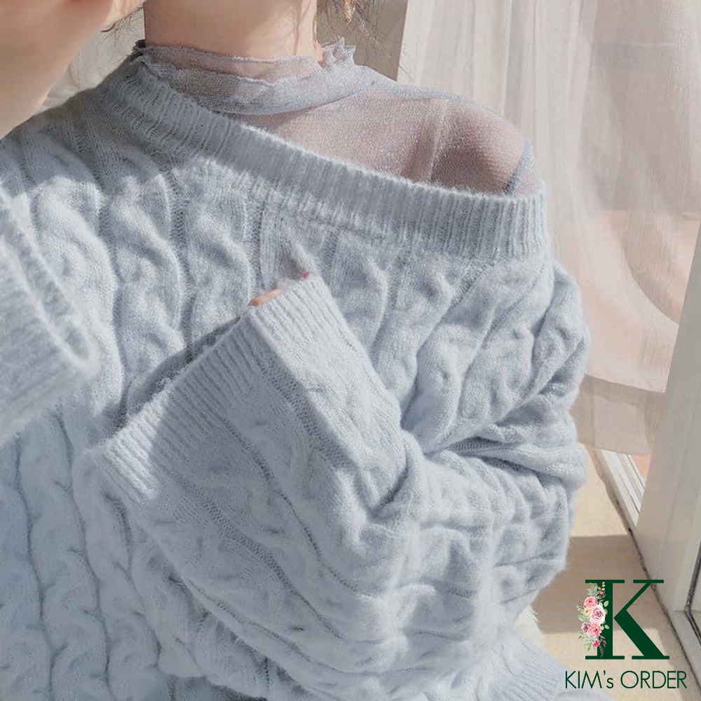 Áo len nữ màu trắng be xanh tím phom rộng sweater cổ tròn dài tay chất len vặn thừng dày dặn cao cấp phong cách Hàn Quốc