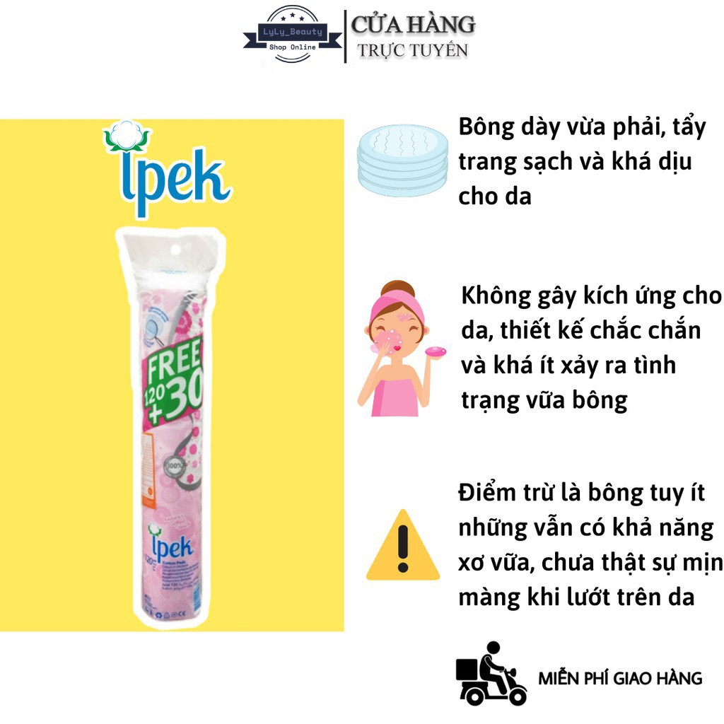 Bông tẩy trang Ipek Thổ Nhĩ Kỳ 150 miếng, BTT Cotton Pads dạng tròn 2 mặt riêng biệt, thấm hút tốt, không kích ứng da | BigBuy360 - bigbuy360.vn