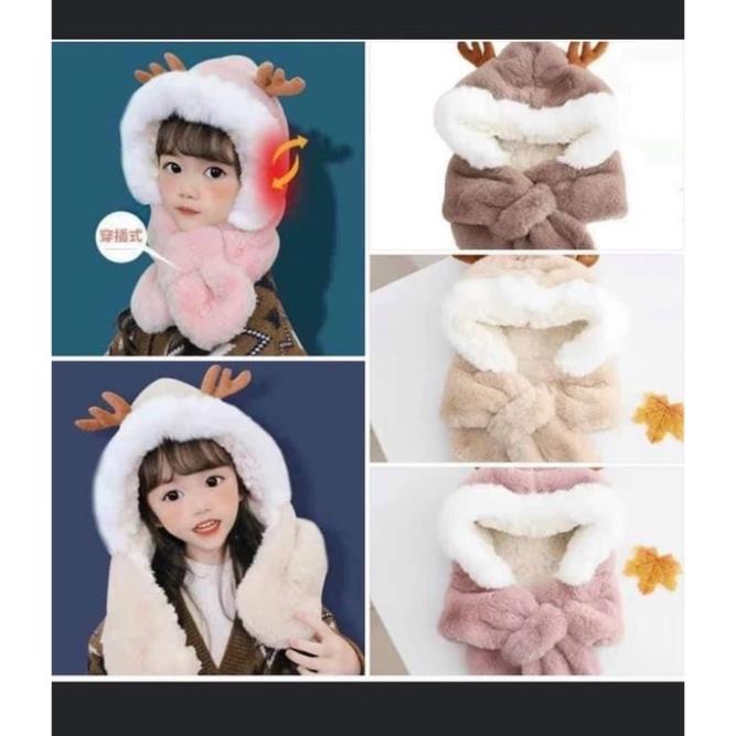 [FREESHIP] Mũ Lót Lông Sừng Hươu Siêu Ấm Kèm Khăn Tai Gấu Cho Bé
