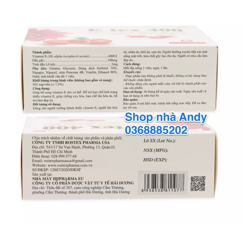 Viên uống đẹp da Vitamin E đỏ, dầu gấc, tinh dầu lô hội E Tex 400 giảm nám sạm da, chống lão hoá - Hộp 30 viên
