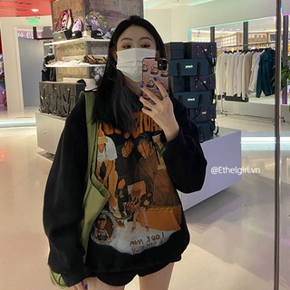 Ethelgirl Áo hoodie tay dài dáng rộng màu đen phong cách Hàn Quốc cổ điển thời trang cho cặp đôi