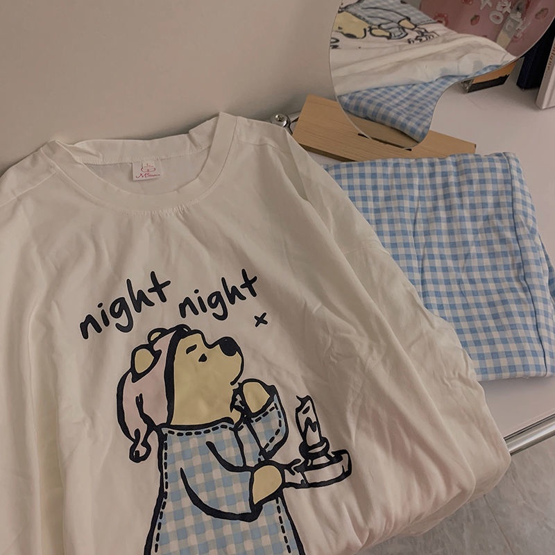 Bộ Đồ Ngủ Tay Dài In Hoạt Hình Winnie the Pooh Phong Cách Hàn Quốc Thời Trang Cho Nữ