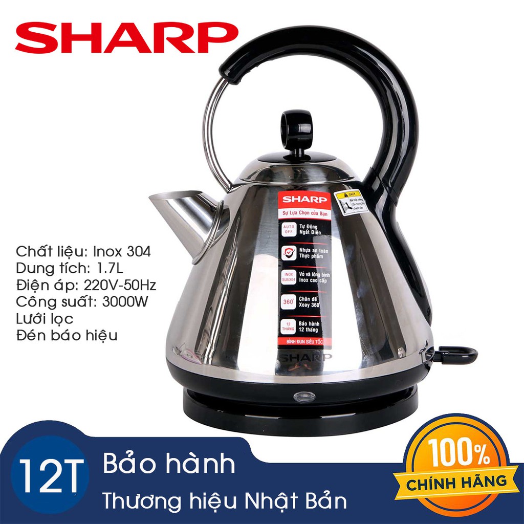 Bình Điện Đun Siêu Tốc Sharp EKJ-17VSD-ST Dung Tích 1.7L Hàng Chính Hãng, Bảo Hành 12 Tháng