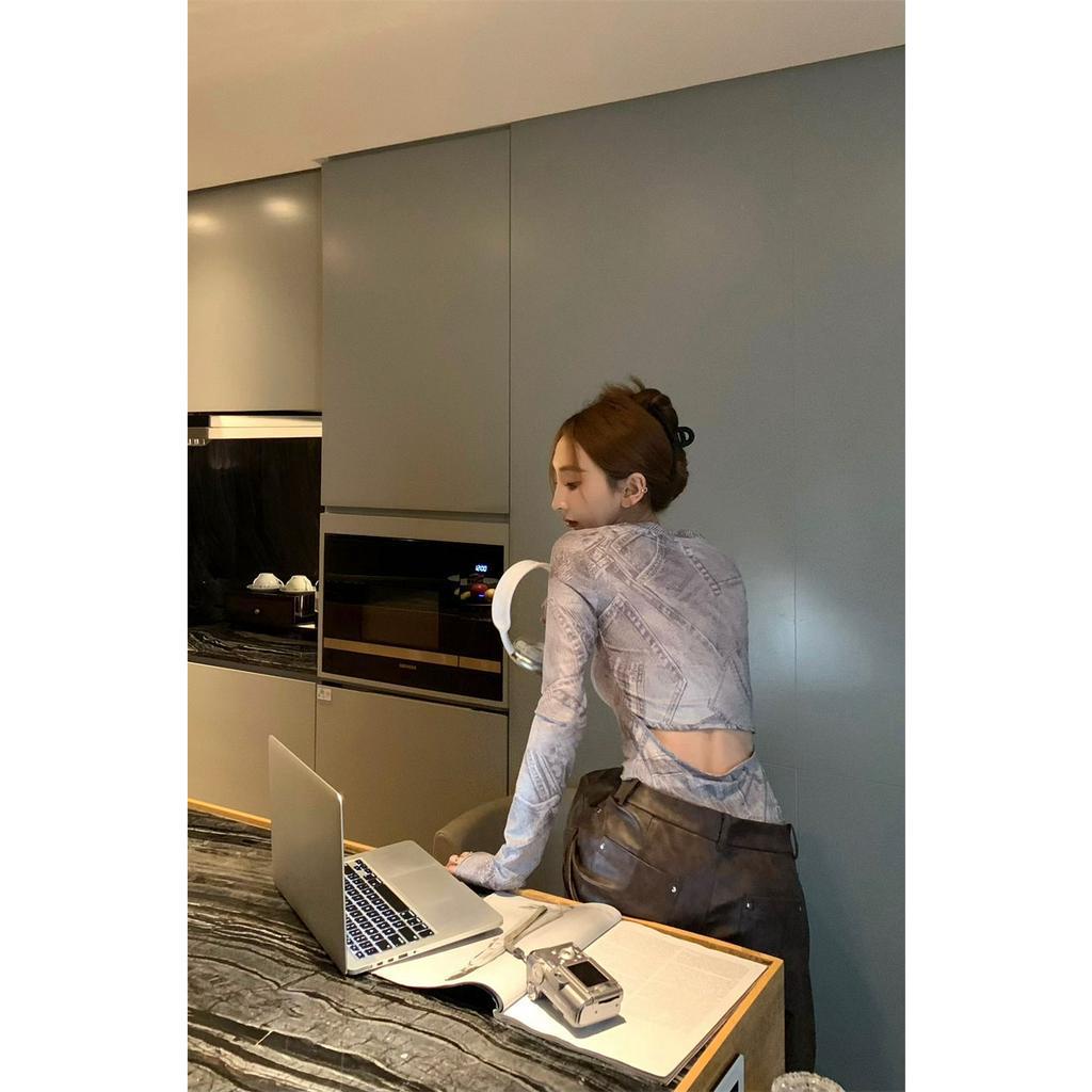 Cocory vn Áo Thun Tay Dài Dáng Ôm Hở Lưng In Họa Tiết Cổ Điển Thời Trang Phong Cách Hàn Quốc Cho Nữ