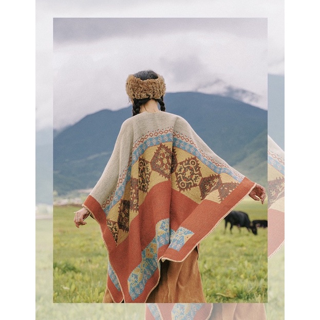 Khăn áo choàng boho thổ cẩm cho nữ mùa thu đông áo choàng poncho len dạ dày ấm dạng khoác ngoài - AC004 The Collar Box