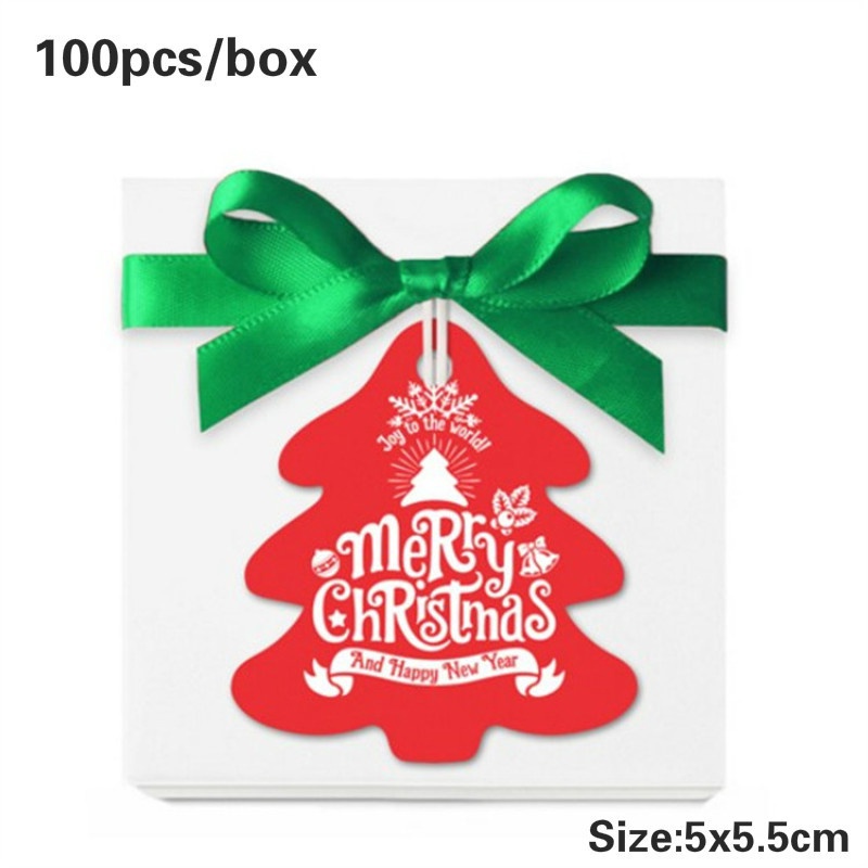 Hộp 100 tag giấy hình cây thông Noel có dây ruy băng xanh lá trang trí quà tặng Giáng sinh tự làm