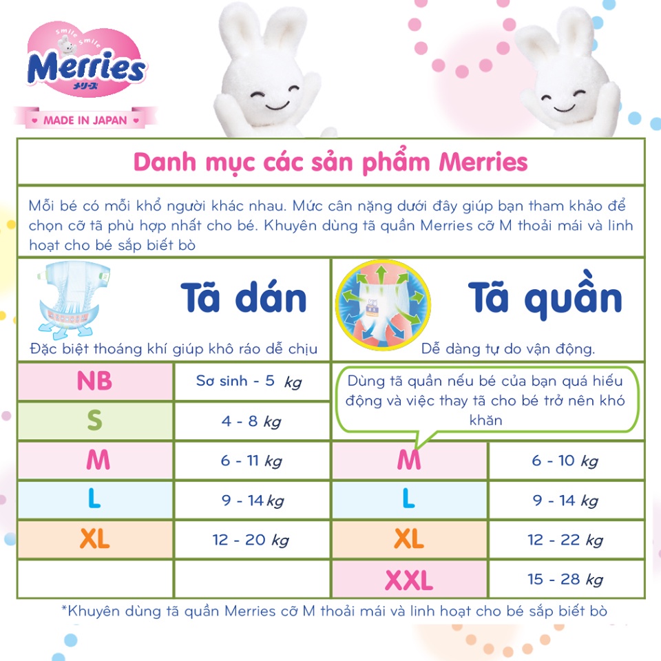 Tã/Bỉm quần/dán Merries mẫu mới size NB82/S76/M60/M64/L50/XL44/XXL28