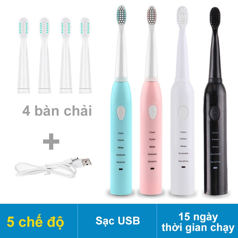 Bàn Chải Điện Đánh Răng Tự Động 5 Chế Độ Công Nghệ Rung Sóng Âm Tặng Kèm 4 Đầu Chải