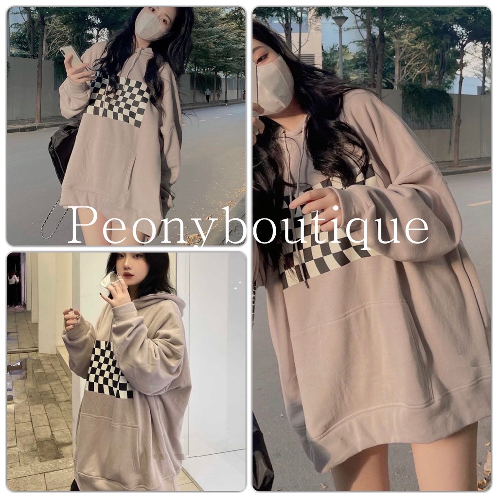 Áo Hoodie Bàn Cờ PEONYB Nữ [FREESHIP]  Sweater form rộng tay bồng, nỉ ngoại đẹp in hình caro cá tính Ulzzang