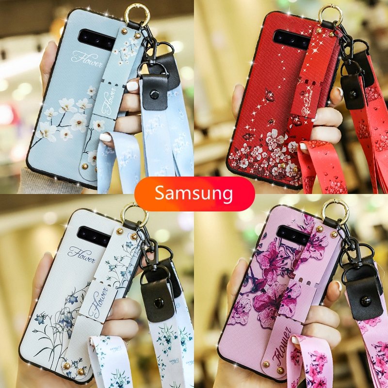 Ốp điện thoại in hoa có dây đeo thời trang cho Samsung S7 Edge S8 S9 Plus S10 S10E Note 8 9