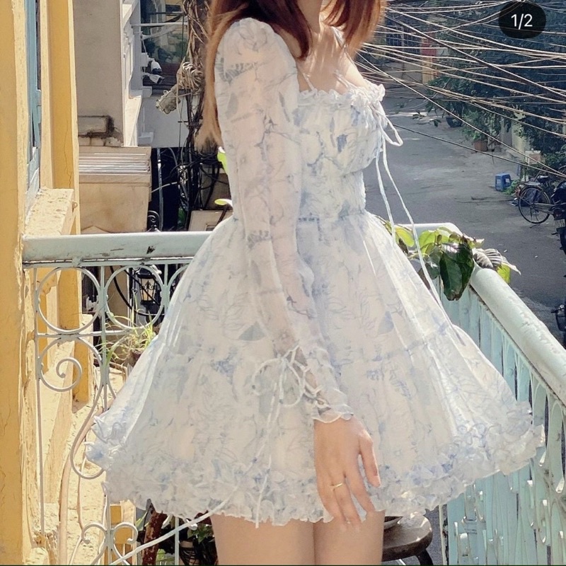 Đầm Hoa Xanh Bo Thun Ngực Thắt Nơ 🦋FREESHIP🦋