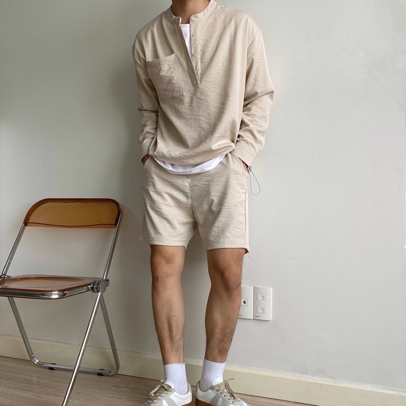 SANTÉ STUDIO - Set sơ mi dài tay và quần short vải đũi phong cách Hàn Quốc - TWINS SET