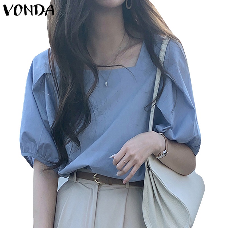 Áo kiểu Vonda tay nửa cổ vuông màu trơn thời trang Hàn Quốc giản dị cho nữ