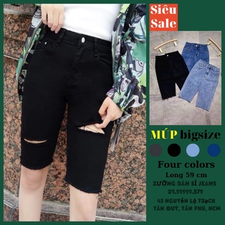 [Size 32-36] Quần Ngố Jeans Nữ Bigsize, Đen Đậm Rách Dài 2 Đường, Lưng Cao Trên Rốn, Co Giãn Mạnh