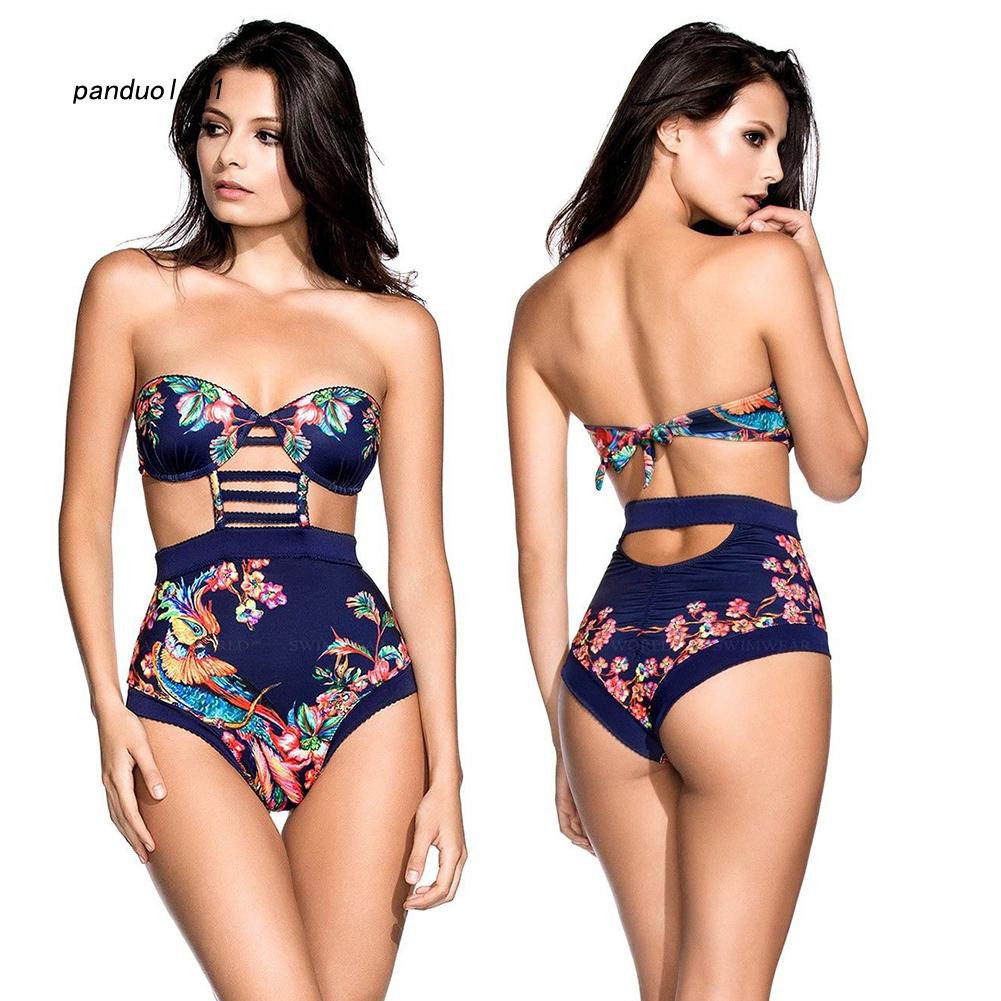 Set đồ bơi bikini 1 mảnh thiết kế không dây áo họa tiết chim hoa quyến rũ cho nữ | BigBuy360 - bigbuy360.vn