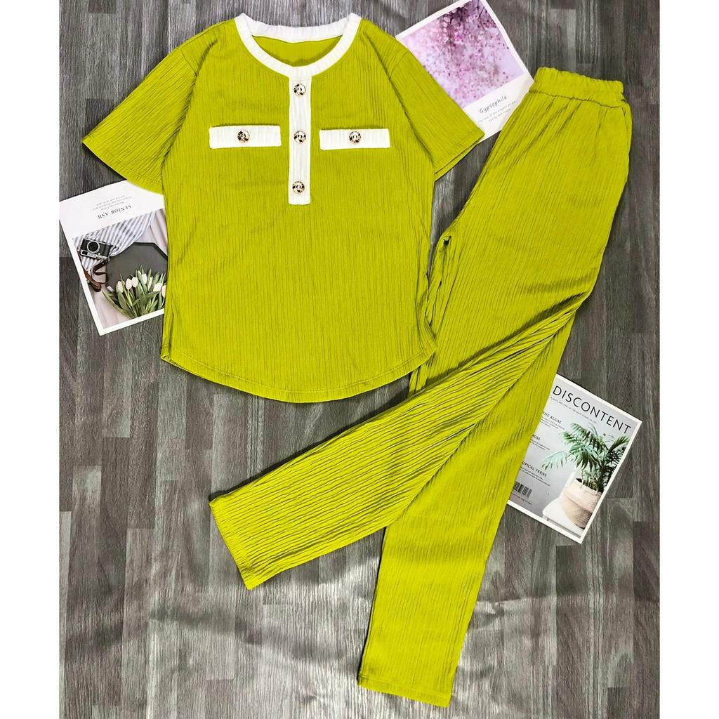 Sét đồ bộ nữ chất liệu xốp nhật cao cấp sét nữ áo tay ngắn phối quần dài Sét bộ đồ phối viền đính nút sang chảnh