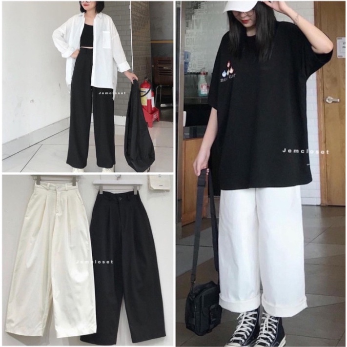 Quần kaki nữ suông trơn 2 cúc basic - Culottes ống rộng cạp cao trẻ trung, thiết kế tối giản, đường phố Ulzzang