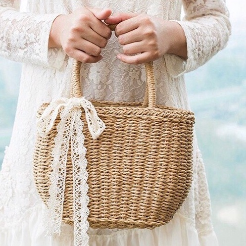 Túi cói cầm tay đi biển đáy bầu - phong cách vintage